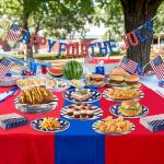 OuMuaMua 150 Pcs American Flag Patriotic Party Plates and Napkins, Blue Red Disposable Tableware Paper Set for Veterans Day Election Day 4th of July Independence Day Decorations, Serves 50