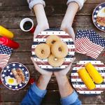 OuMuaMua 150 Pcs American Flag Patriotic Party Plates and Napkins, Blue Red Disposable Tableware Paper Set for Veterans Day Election Day 4th of July Independence Day Decorations, Serves 50