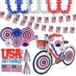 MOVINPE Patriotic Bike Decor Set 4th of July Bicycle Decorations USA All The Way Sign Hanging Paper Fans Tinsel Garland Streamer Flags Banner, Independence Day Kids Bike Parade (Blue&Red&White)