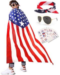 YUSPENYE American Flag Cape Set with Sunglasses, Bandana & Patriotic Tattoo Stickers, UV400 Glasses, 90x150cm Cape, 55x55cm Bandana