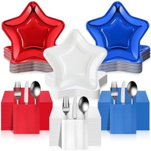 150 Pcs Veterans Day Party Decorations Star Shaped Plates and Cutlery Bags 9.45" Disposable Paper Plates Bulk Patriotic Red White Blue Tableware Set for Veterans Memorial Day, Serves 75 Guests