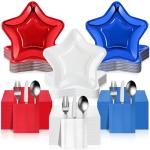 150 Pcs Veterans Day Party Decorations Star Shaped Plates and Cutlery Bags 9.45" Disposable Paper Plates Bulk Patriotic Red White Blue Tableware Set for Veterans Memorial Day, Serves 75 Guests
