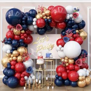 Red White Blue Balloons Arch Double Stuffed, Navy Blue Dark Ruby Red Balloons Garland kit, Matte White Metallic Gold Latex Balloon for Graduation Birthday 4th Of July Patriot Veterans Day Party Decor