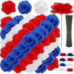 108pcs Roses Head Flowers with Stem - Red Blue White Artificial Flowers Rose Bulk - Silk Rose Fake Flower Arrangement for Patriotic Memorial Bouquet Grave Centerpieces 4th of July Veterans Party Decor