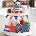 3 Pcs 4th of July Wooden Star Signs,Rustic Memorial Day Tiered Tray Decor, American Patriotic Table Decoration for Home Kitchen (Retro)