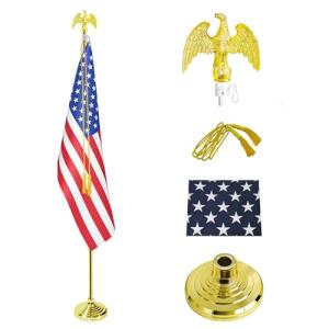 SCZS Indoor Flag Pole Kit - Telescoping 6FT-8FT Flag Pole with Base, 3x5 FT American Flag, Eagle Topper, Gold Braided Cord Tassel - Glod Flagpole and Stand, for Office School City Hall(1Pack)