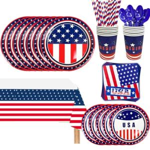193pcs Patriotic Party Supplies, 24 Guests Veterans Day Tableware Set, 4th of July Plates Napkins American Flag Tablecloth Independence Thank You Veterans Party Decorations