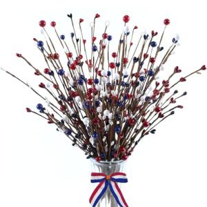 DoubleWood 6Pack Patriotic Picks, Artificial Red White and Blue Berry Stem Picks, Patriotic Centerpieces for Tables Decorations, 4th of July Flowers American Decor for Home Independence Day (6)