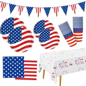 4th of July Decorations Patriotic Party Supplies Disposable Plates Napkins Cups Tablecloth and American Flag Pennant Decor for Fourth of July Independence Veterans Election Memorial Day Serve 25