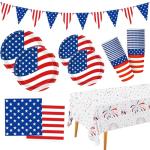 4th of July Decorations Patriotic Party Supplies Disposable Plates Napkins Cups Tablecloth and American Flag Pennant Decor for Fourth of July Independence Veterans Election Memorial Day Serve 25