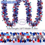 33 Ft 4th of July Red White Blue Star Tinsel Garland Memorial Day Patriotic Decoration Independence Day Metallic Tree Garland Glitter Tinsel Hanging Twist for Veterans Day Patriotic Decor