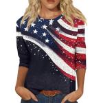Fourth of July Shirts for Women Patriotic American Flag Print Shirts Red White Blue T-Shirt 3/4 Sleeve Fourth of July Casual Tops Outfits X-Large 53-Navy