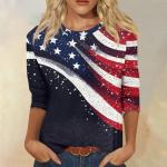Fourth of July Shirts for Women Patriotic American Flag Print Shirts Red White Blue T-Shirt 3/4 Sleeve Fourth of July Casual Tops Outfits X-Large 53-Navy