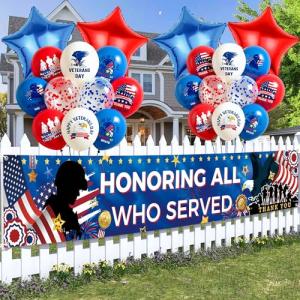 Veterans Day Decorations Balloons Set - 31 Piece Thank You Veterans Banner with American Flag Eagle Pattern, Patriotic Theme Party Supplies for Memorial Day and 4th of July