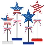4 PCS Patriotic Star Wooden Signs 4th of July Tiered Tray Decorations Independence Standing Tabletop Decor Red White Blue Star Table Centerpieces for Veterans Labor Day Home Table Decor