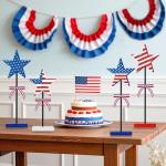 4 PCS Patriotic Star Wooden Signs 4th of July Tiered Tray Decorations Independence Standing Tabletop Decor Red White Blue Star Table Centerpieces for Veterans Labor Day Home Table Decor