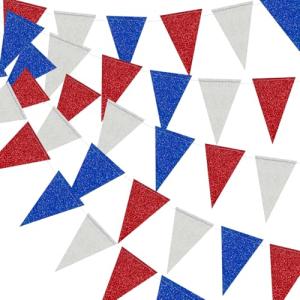 XIANMU Patriotic Pennant Banner Red Blue Silver/White Triangle Flag Bunting Banner Patriotic Decorations Glitter Paper Garlands for 4th of July Independence Day Party Decorations Supplies 40 Feet