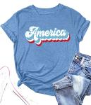 4th of July Shirts for Women America Printed Tshirt Patriotic Vintage USA Tee Tops Blue