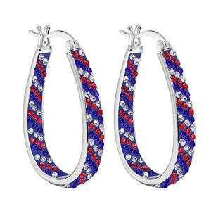 Crystal Hoop Earrings - Silver Plated Inside Out Oval Shape Hoop Earrings for Women, 1.2 Inch (White Red And Blue)