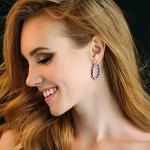 Crystal Hoop Earrings - Silver Plated Inside Out Oval Shape Hoop Earrings for Women, 1.2 Inch (White Red And Blue)