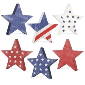 COCHIE 4th of July Decorations Wooden Star Set of 6, Labor Day Decor, Patriotic Memorial Day Tiered Tray Decor, Red White and Blue Veterans Day Decorations for Home Office Table Shelf (Vintage)