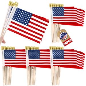 50 PCS Small American Flags on Stick, 4 x 6 Inches 4th of July Decorations, Tear Resistant Patriotic USA Flag Fourth of July Flags, Anti Wrinkle Handheld Memorial Day Decor for Parade
