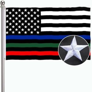Embroidered Thin Blue Red Green Line American Flag 3x5 Outdoor Made in USA- Heavy Duty 210D Polyester All Police Firefighter Military Army Fireman USA Flags Blue Red Green Lives Matter Stripe Flag