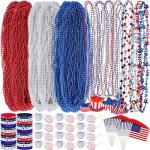 Fovths 144 Pieces 4th of July Patriotic Accessories Set Include 84 Patriotic Beads Necklaces 24 Silicone Bracelet 24 Handheld USA Flags 12 Sunglasses for July Independence Day Party, Patriotic Parade