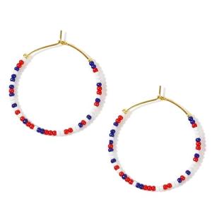 Sonatomber 4th July Beaded Hoop Earrings for Women, Boho Handmade USA Red White Blue Seed Beads Circle Huggie Earing Patriotic American Day Outfit Accessories Jewelry Gift