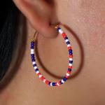 Sonatomber 4th July Beaded Hoop Earrings for Women, Boho Handmade USA Red White Blue Seed Beads Circle Huggie Earing Patriotic American Day Outfit Accessories Jewelry Gift