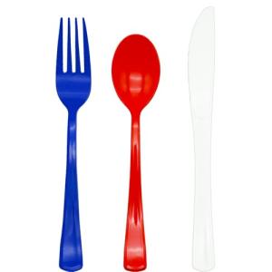 150Pcs 4th of july Plastic Silverware, Red White and Blue Silverware Set Includes 50 Red Spoons, 50 Blue Forks and 50 White Knives for Memorial Day, Flag Day, 4th of July, Veteran's Day