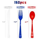 150Pcs 4th of july Plastic Silverware, Red White and Blue Silverware Set Includes 50 Red Spoons, 50 Blue Forks and 50 White Knives for Memorial Day, Flag Day, 4th of July, Veteran's Day