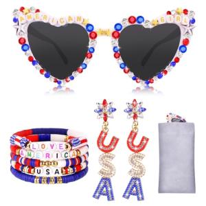 Lingdeer 4th of July Accessories for Women, Patriotic Heart Sunglasses with USA Earrings & Bracelets, Red White and Blue Accessories, Independence Day Fourth of July Party Supplies Favors Decorations