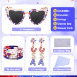 Lingdeer 4th of July Accessories for Women, Patriotic Heart Sunglasses with USA Earrings & Bracelets, Red White and Blue Accessories, Independence Day Fourth of July Party Supplies Favors Decorations