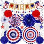 26 PCS 4th of July Decorations, Red White Blue Paper Fans in Patriotic Designs, 4th of July Banner Pompom Star Garland and Hanging Swirls Set for Fourth of July Independence Day Party Supplies Decor