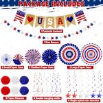 26 PCS 4th of July Decorations, Red White Blue Paper Fans in Patriotic Designs, 4th of July Banner Pompom Star Garland and Hanging Swirls Set for Fourth of July Independence Day Party Supplies Decor