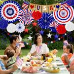 26 PCS 4th of July Decorations, Red White Blue Paper Fans in Patriotic Designs, 4th of July Banner Pompom Star Garland and Hanging Swirls Set for Fourth of July Independence Day Party Supplies Decor