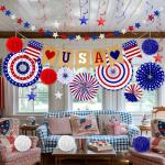 26 PCS 4th of July Decorations, Red White Blue Paper Fans in Patriotic Designs, 4th of July Banner Pompom Star Garland and Hanging Swirls Set for Fourth of July Independence Day Party Supplies Decor