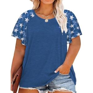 HDLTE Women's Crewneck Bell Sleeve Tops Tees Plus Size American Flag Shirt Casual Summer 4th of July T-Shirt(C-02_Red_Star,3X)