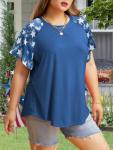 HDLTE Women's Crewneck Bell Sleeve Tops Tees Plus Size American Flag Shirt Casual Summer 4th of July T-Shirt(C-02_Red_Star,3X)