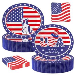 UODBUYO 100Pcs 4th of July Oval Paper Plates and Napkins,10" x 12" Large Disposable Independence Day Plates for July Fourth Patriotic Party