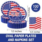 UODBUYO 100Pcs 4th of July Oval Paper Plates and Napkins,10" x 12" Large Disposable Independence Day Plates for July Fourth Patriotic Party