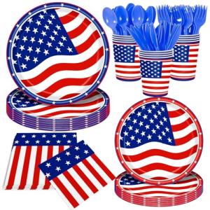 140Pcs 4th of July Party Supplies Tableware Set Independence Day Plates and Napkins for American Memorial Day Decorations Stars and Stripes Patriotic Decorations Paper Plates, Serves 20