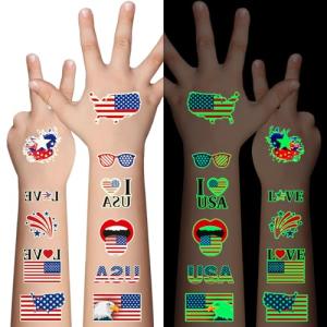 Awinmay 80PCS Luminous 4th of July Temporary Tattoos, American Flag Red White and Blue Decor, Fourth of July, USA Party Favors, Memorial Day, Independence Day,Labor Day Decorations Glow Party Supplies