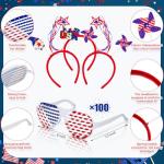 CraftyDream 200 Pcs 4th of July Patriotic Party Favor Include 100 Plastic American Flag Shutter Glasses 100 Patriotic Headbands for Independence Day Veterans Day Reunion Red White Blue Party Supplies