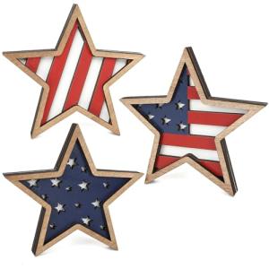 COCHIE 4th of July Decorations Wooden Stars, Patriotic Memorial Day Star Tiered Tray Decor Set of 3, Fourth of July Red White Blue Decoration for Home Office Table Shelf (Flag Hollow)
