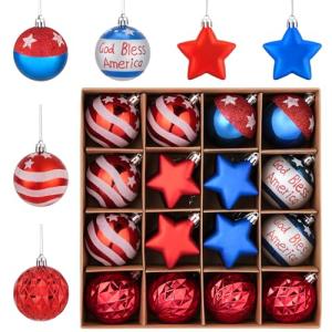 28CT Patriotic Christmas Independence Day Hanging Decor,Red White Blue Christmas Ornaments Shatterproof Hanging Balls Stars Decorates,4th of July Christmas Tree Decor for Indoor Outdoor Holiday Party