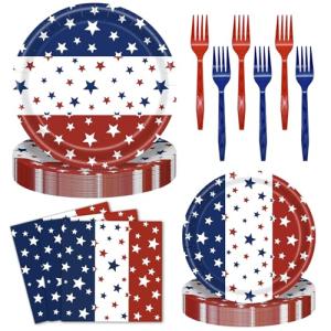 96 Pieces Patriotic Plates and Napkins 4th of July Tableware Set, Red White Blue Stripes with Stars Disposable Paper Plates, Napkins, Forks for Independence Day Memorial Day Party Supplies- Serves 24