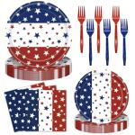 96 Pieces Patriotic Plates and Napkins 4th of July Tableware Set, Red White Blue Stripes with Stars Disposable Paper Plates, Napkins, Forks for Independence Day Memorial Day Party Supplies- Serves 24