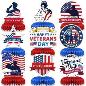 LOONELO Veterans Day Honeycomb Centerpieces, 9 PCS 3D Happy Verterans Day Table Toppers, Patriotic Red White Blue Table Decorations for Thank You Veterans, American National Holiday Home Party